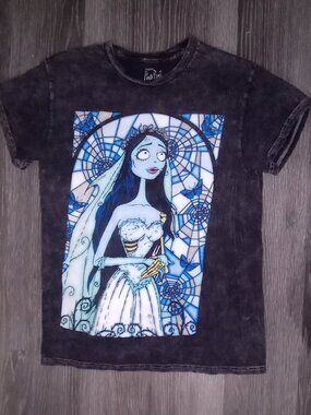 Women's small Vintage-Vibe Corpse Bride Emily Stained Glass Acid Wash Tee   #or